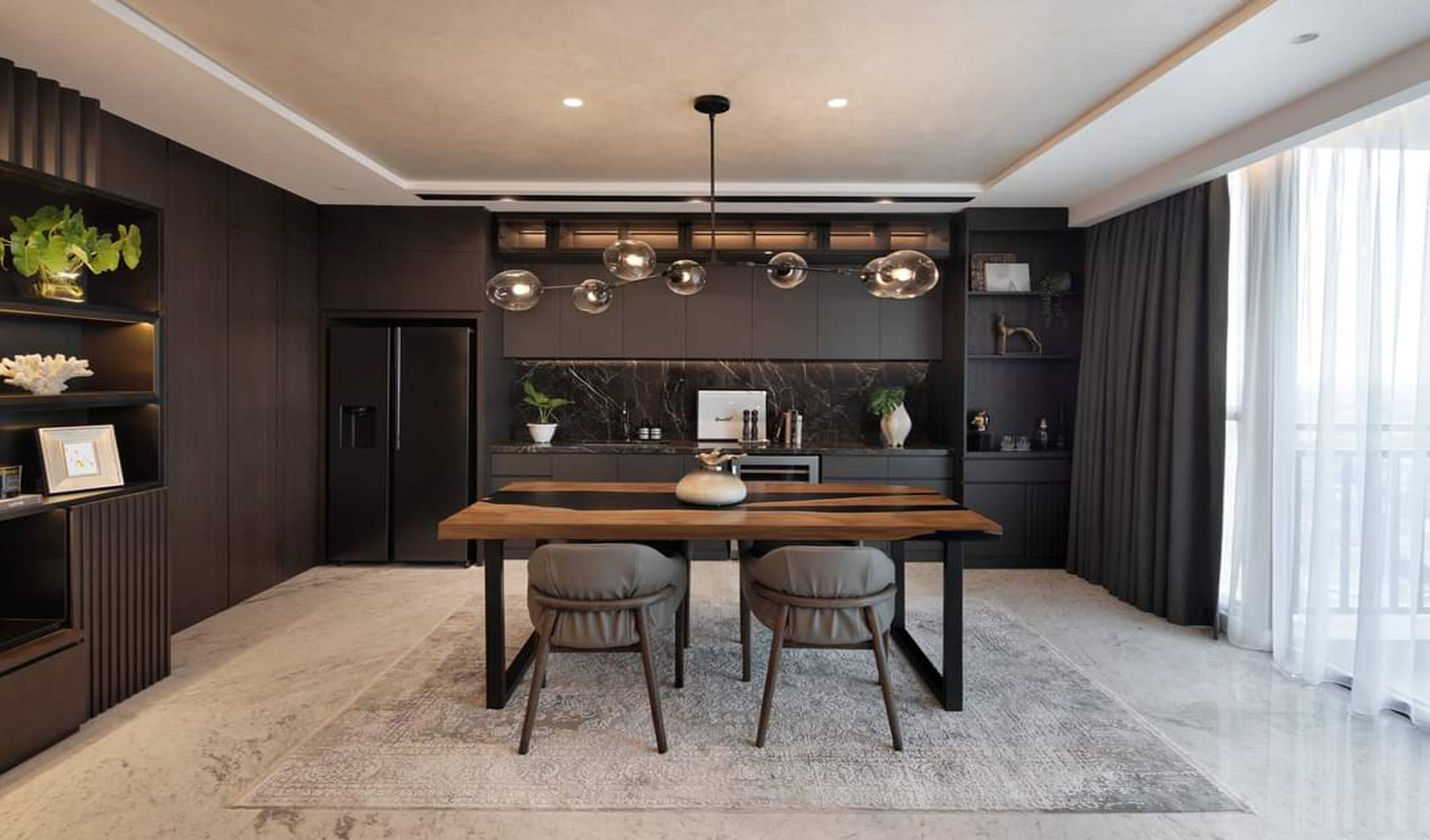 Interior Design Livingroom Jakarta Selatan modern mewah luxury warna hitam HPL hitam kursi dan meja custom hpl wood texture kayu kabinet cabinet hitam